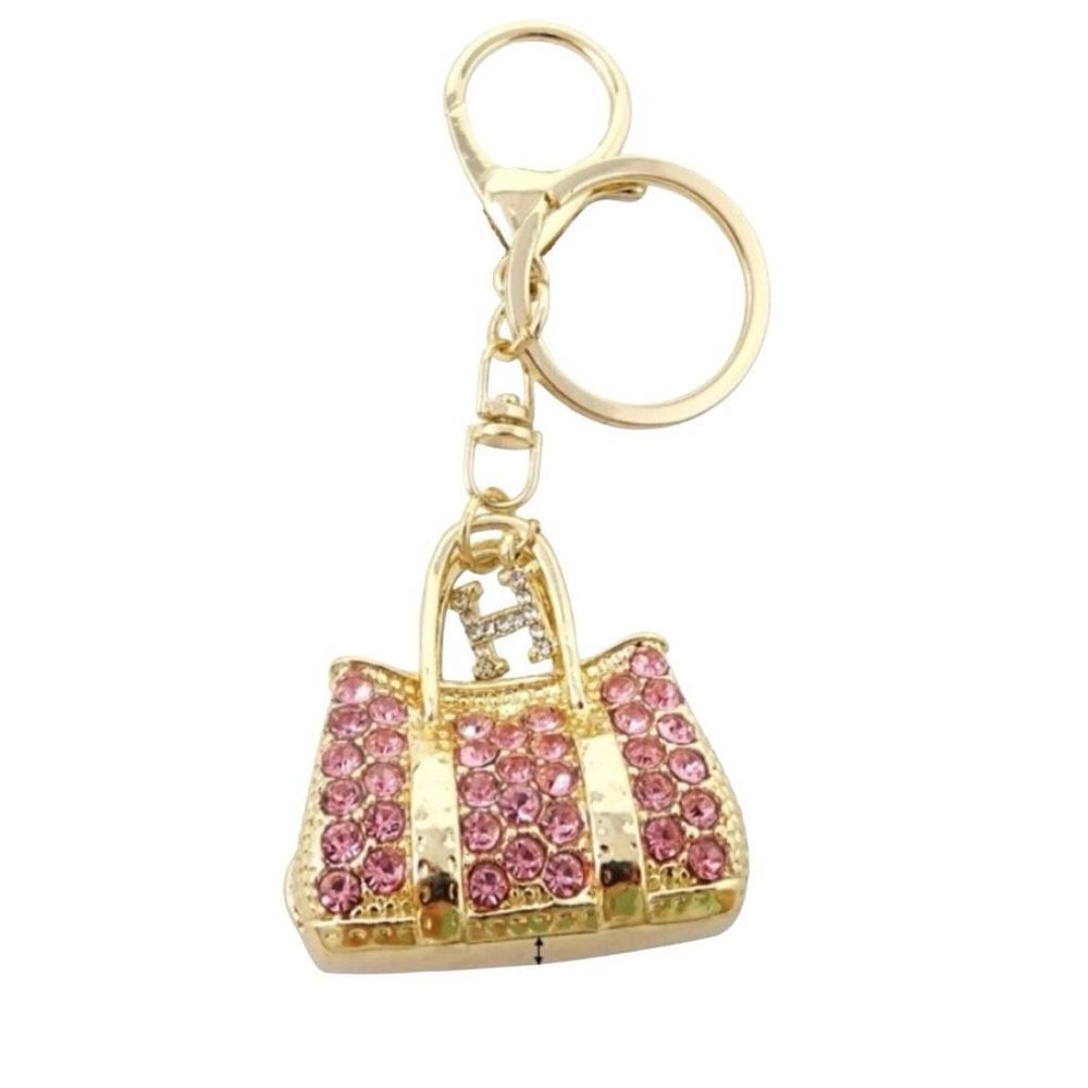 New Designer Pink Rhinestone Handbag Shaped Keychain Bag Charm Goldtone Bling